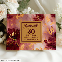Classic Boho Burgundy Blush Gold Flowers 50th   ゲストブック