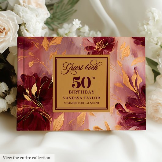 Classic Boho Burgundy Blush Gold Flowers 50th   ゲストブック