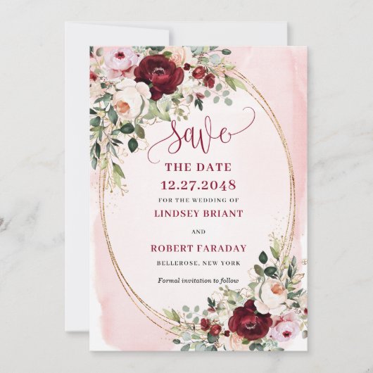 Classic Boho Burgundy Blush Gold Roses Save Date 招待状 (正面)