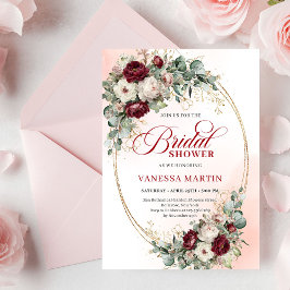Classic Boho Burgundy Flowers & Gold Bridal Shower 招待状