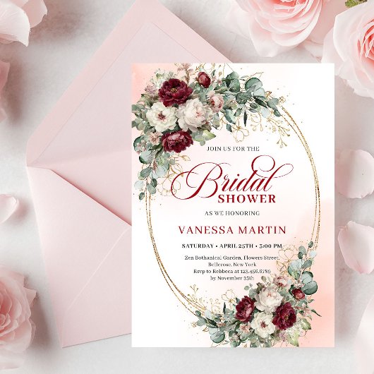 Classic Boho Burgundy Flowers & Gold Bridal Shower 招待状