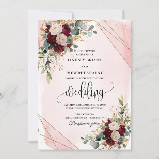 Classic Boho Burgundy Gold Blush Flowers Wedding  招待状 (正面)