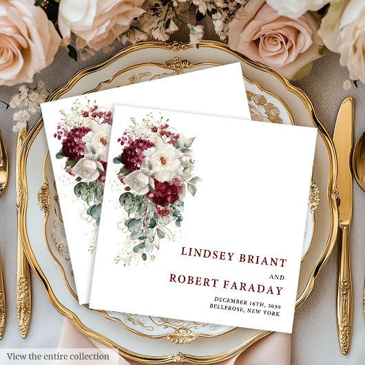 Classic Boho Burgundy Gold Roses Wedding Napkins