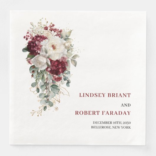 Classic Boho Burgundy Gold Roses Wedding Napkins (正面)