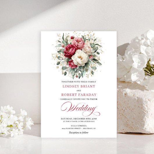 Classic Boho Crimson Red Blush Greenery Invitation 招待状