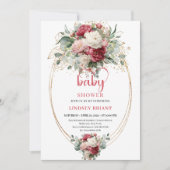 Classic Boho Crimson White Gold Floral Baby Invite 招待状 (正面)