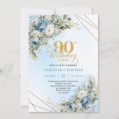 Classic Boho Dusty Blue White Floral 90th Birthday 招待状 (正面)