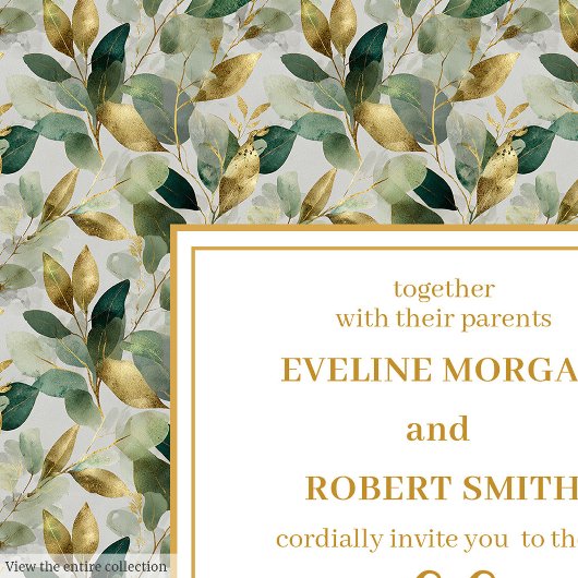 Classic Boho Forest Green Gold Eucalyptus Wedding 招待状