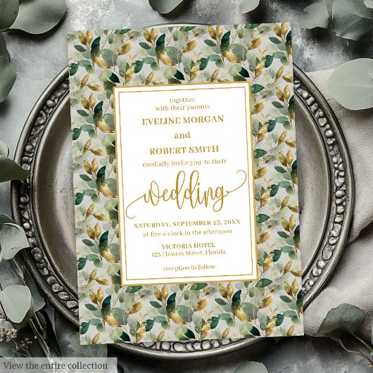 Classic Boho Forest Green Gold Eucalyptus Wedding 招待状