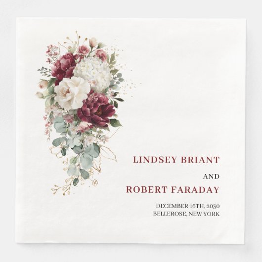 Classic Boho Maroon Blush Gold Roses Wedding Paper (正面)