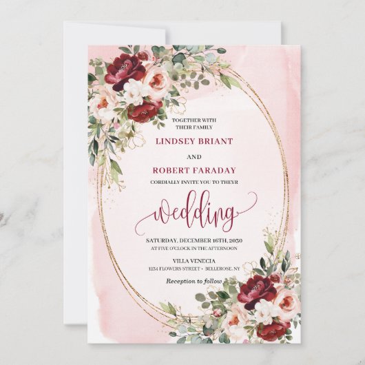 Classic Boho Merlot Gold Floral Wedding Invitation 招待状 (正面)