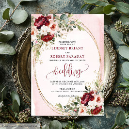 Classic Boho Merlot Gold Floral Wedding Invitation 招待状
