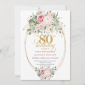 Classic Boho Minimalist Blush Floral 80th Birthday 招待状 (正面)