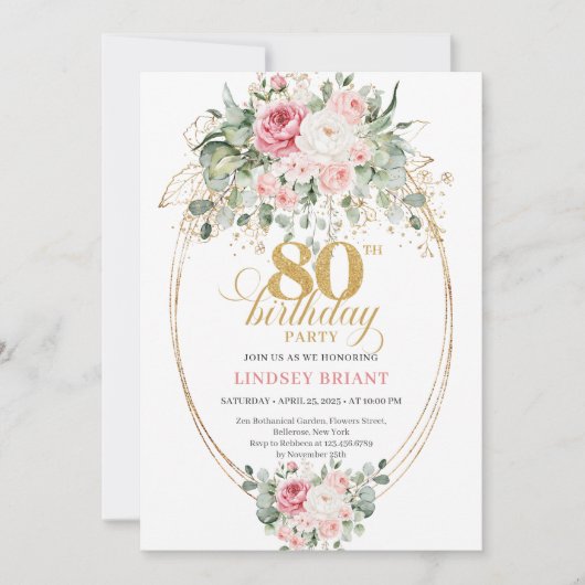Classic Boho Minimalist Blush Floral 80th Birthday 招待状 (正面)