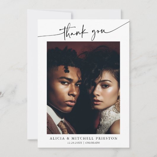 Classic Boho Minimalist Script Wedding Photo サンキューカード (正面)