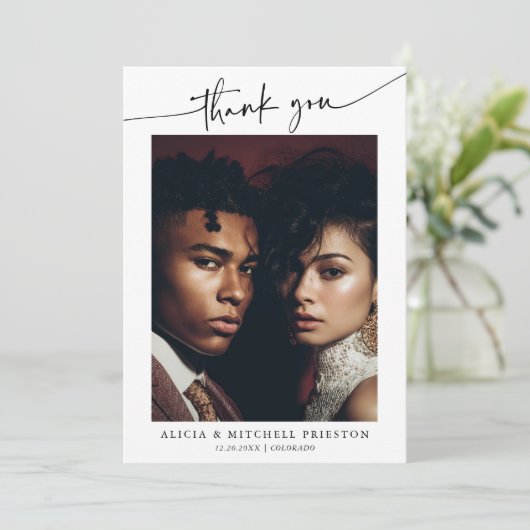 Classic Boho Minimalist Script Wedding Photo サンキューカード (スタンド正面)