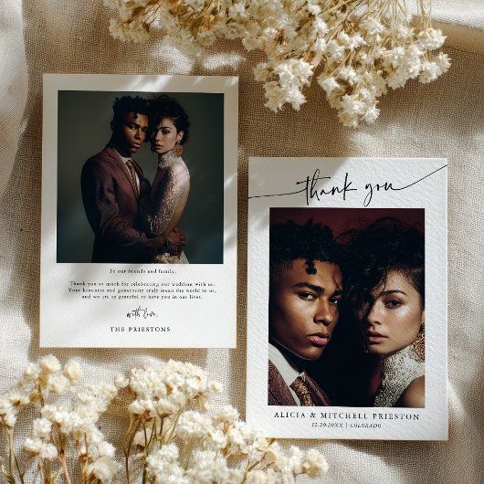 Classic Boho Minimalist Script Wedding Photo サンキューカード