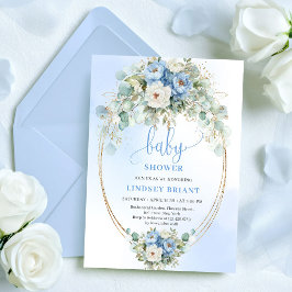 Classic Boho Pastel Blue Flowers Baby Shower Gold 招待状