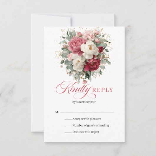 Classic Boho Red Blush Floral Wedding RSVP (正面)