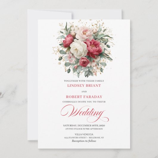 Classic Boho Red Blush Gold Floral Wedding Invite 招待状 (正面)