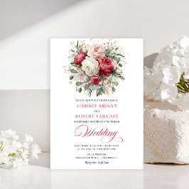 Classic Boho Red Blush Gold Floral Wedding Invite 招待状