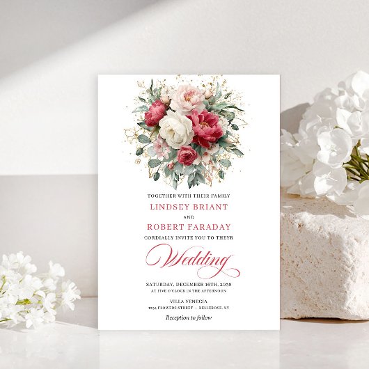 Classic Boho Red Blush Gold Floral Wedding Invite 招待状