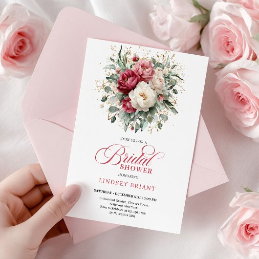 Classic Boho Red White Floral Gold Bridal Shower 招待状