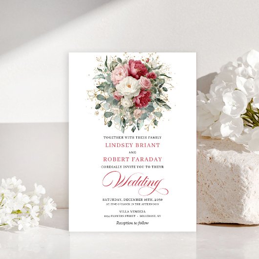 Classic Boho Red White Gold Floral Wedding Invite 招待状