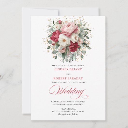 Classic Boho Ruby Red Blush Gold Floral Invitation 招待状 (正面)
