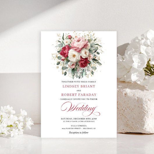 Classic Boho Ruby Red Blush Gold Floral Invitation 招待状