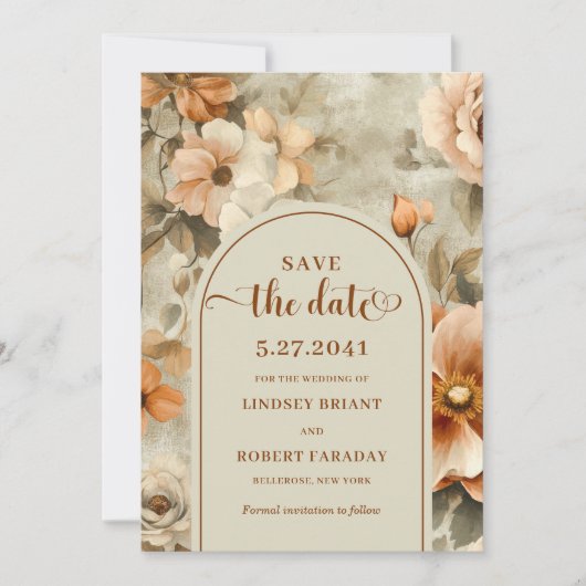 Classic Boho Terra Cotta Olive Floral Save Date 招待状 (正面)