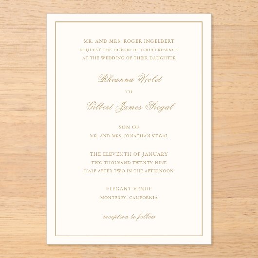 Classic Border Ivory and Gold Timeless Wedding アクリル招待状 (正面)