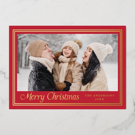 Classic Border Red Merry Christmas Photo 箔シーズンカード (正面)