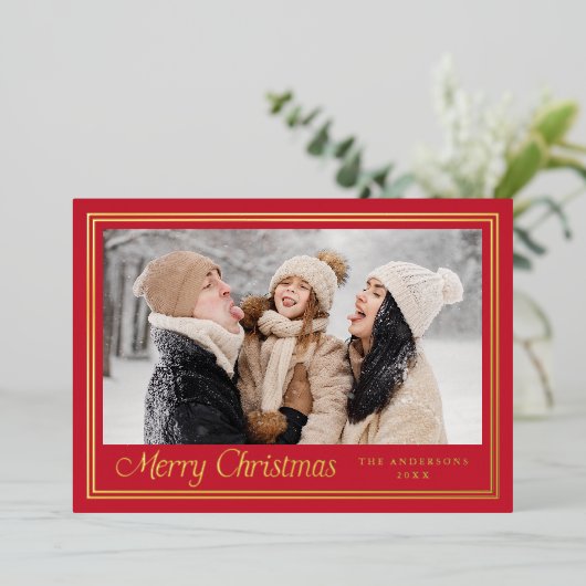Classic Border Red Merry Christmas Photo 箔シーズンカード (立ち正面)