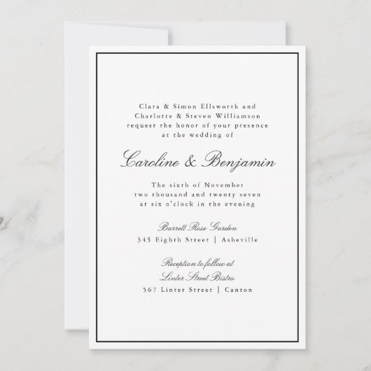 Classic Border Script White Elegant Photo Wedding 招待状 (正面)