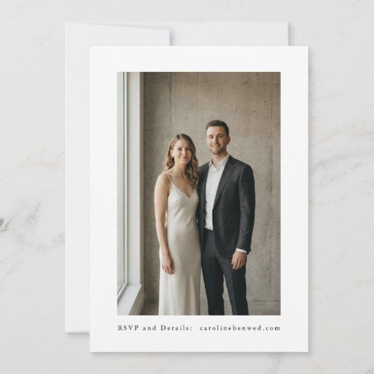 Classic Border Script White Elegant Photo Wedding 招待状 (裏面)