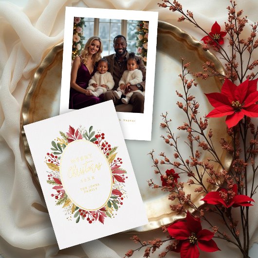 Classic Botanical Oval Frame Traditional Christmas 箔シーズンカード