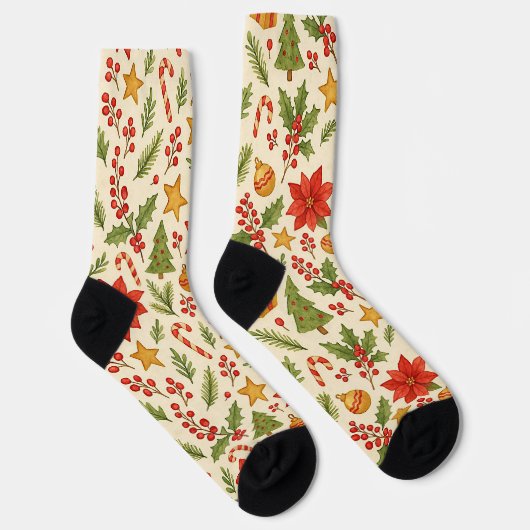 Classic Botanical Poinsettia Floral Art Pattern ソックス (右)