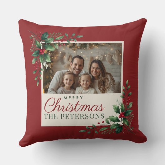 Classic Botanical Red Custom Photo Christmas クッション (裏面)