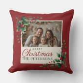 Classic Botanical Red Custom Photo Christmas クッション (正面)