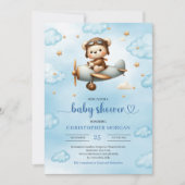 Classic Boy Shower Teddy Bear Pilot Blue Brown 招待状 (正面)