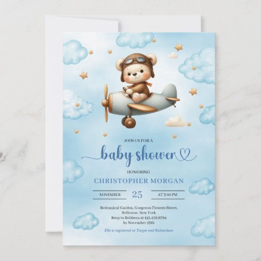 Classic Boy Shower Teddy Bear Pilot Blue Brown 招待状 (正面)