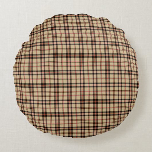 Classic Brown Beige Plaid Round Throw Pillow ラウンドクッション (正面)
