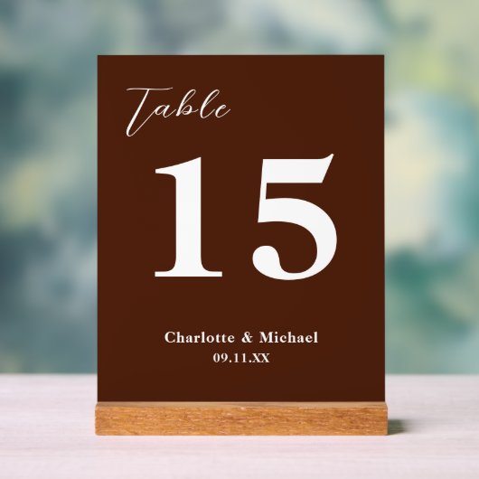 Classic Brown Minimalist Wedding Table Number アクリルサイン (ニュートラル)