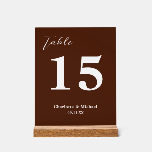 Classic Brown Minimalist Wedding Table Number アクリルサイン (正面)