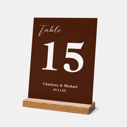 Classic Brown Minimalist Wedding Table Number アクリルサイン (傾斜)