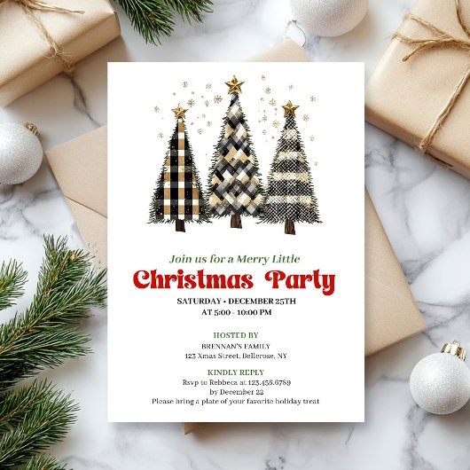 Classic buffalo plaid Christmas tree party invite 招待状