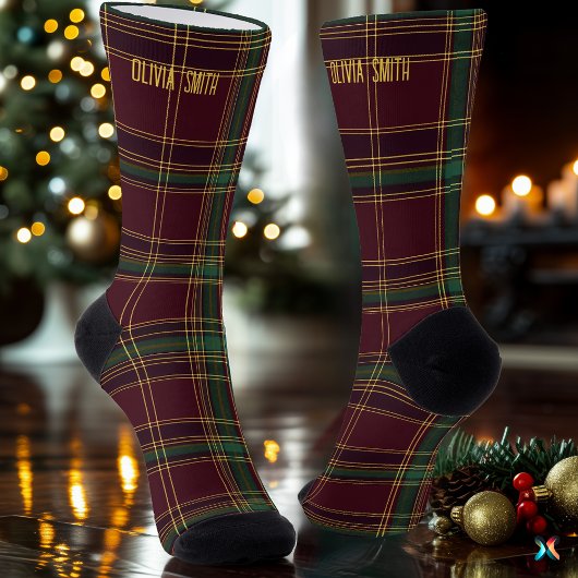 Classic Burgundy and Gold Christmas Plaid Custom ソックス