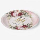 Classic Burgundy Blush Floral 60th Birthday Plates ペーパープレート (アングル)