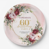 Classic Burgundy Blush Floral 60th Birthday Plates ペーパープレート (正面)